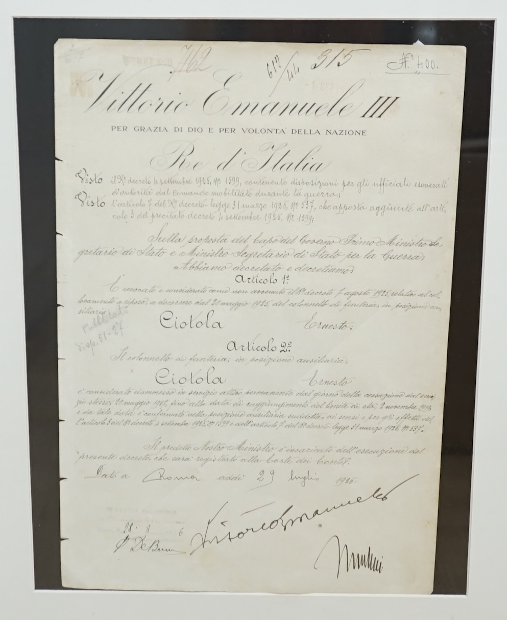 Victor Emmanuele III (1869-1947) and Benito Mussolini (1883-1945) interest, an official handwritten document in a number of hands, signed by both men, dated 29 August 1926, leaf 38 x 25cm